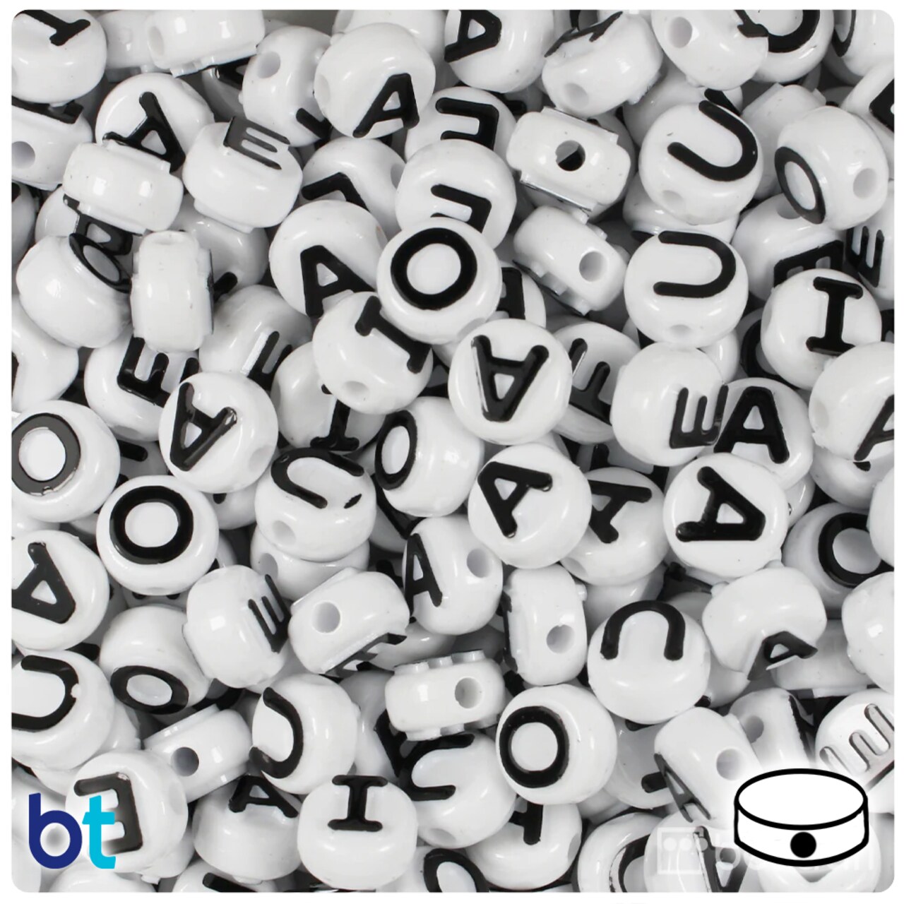 BeadTin White Opaque 10mm Coin Alpha Beads - Black Vowel Mix (144pcs)